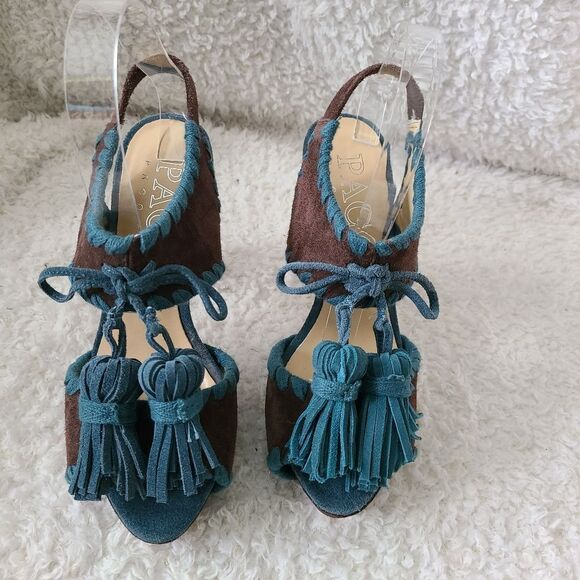Paco Gil Brown Suede Leather with Tassel detail Platform Heeled Sandals sz 7.5 - Picture 2 of 6